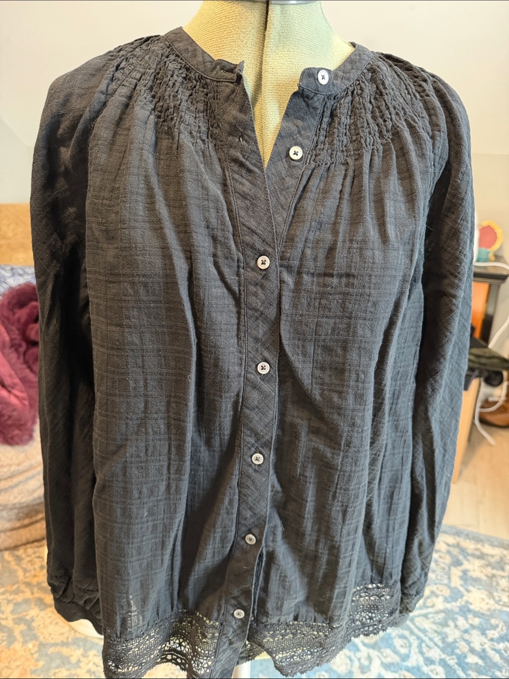Point Sur Black Button-Front Cotton Gauze Blouse with Lace Trim